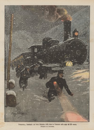 Forår? vinter, et tog blokeret af sne i Piemonte om aftenen den 23. marts af Achille Beltrame