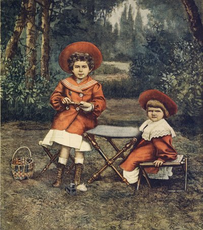 Prinsesser Jolanda og Mafalda, kongens døtre, i haver ved Quirinale, af Achille Beltrame (1871-1945), fra La Domenica del Corriere af Achille Beltrame