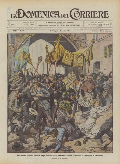 Religiøs procession angrebet af antiklerikale fra Fabriano og forsvaret og beskyttet af Bersaglieri og Carabinieri af Achille Beltrame