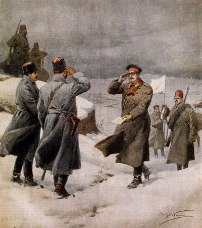 Genoptagelse af krigen, tyrkisk parlamentariker, der ankommer til den bulgarske lejr, bærende budskab om slutningen af våbenstilstand, af Achille Beltrame (1871-1945), illustration fra La Domenica del Corriere, 9. februar af Achille Beltrame