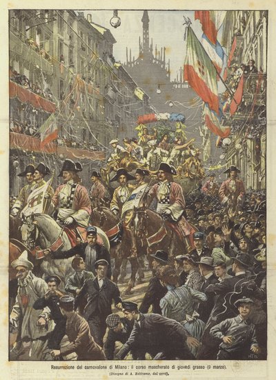 Genoplivning af Milanos carnovalone, det maskerede optog på fastelavnsdag (9. marts) af Achille Beltrame