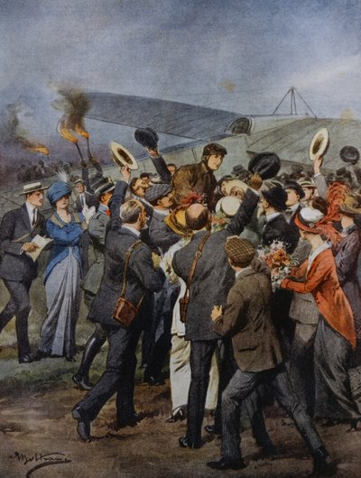 Vend tilbage til Torino af aviator Perrylon, efter at have fløjet på en enkelt dag til Rom, Italien, illustration af Achille Beltrame fra La Domenica del Corriere, 15. juni af Achille Beltrame
