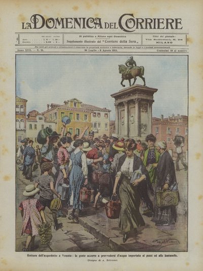 Vandværket går i stykker i Venedig, folk strømmer til brønde og springvand for at få importeret vand af Achille Beltrame