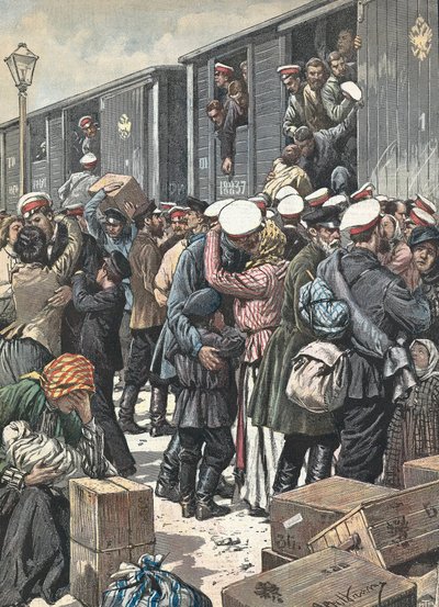 Rusland. Reservisters afgang. Illustreret af Antonio Beltrame. "Kurerens søndag". 9. oktober af Achille Beltrame