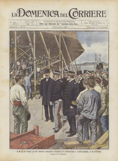 S M Il Re besøger det største italienske slagskib under konstruktion i Castellamare den 23. oktober af Achille Beltrame