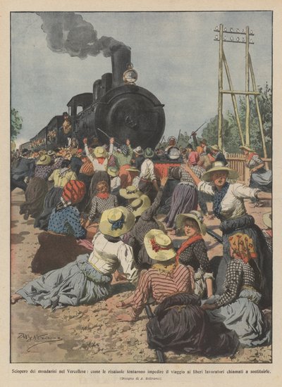 Strejke af mondarisi i Vercellese, hvordan risarbejderne forsøgte at forhindre de frie i at rejse ? af Achille Beltrame