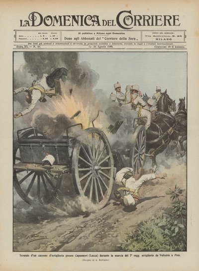 Eksplosion af en artilleribeholder i nærheden af Capannori (Lucca) under 7. regiments march. af Achille Beltrame
