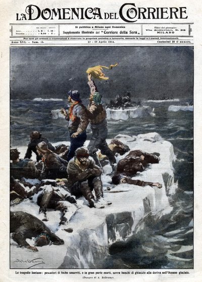Sælfiskere, hvoraf nogle døde, forblev strandet på havets drivende is. Ill. de Beltrame. "" La Domenica del corriere"". 12-19/04/1914. af Achille Beltrame