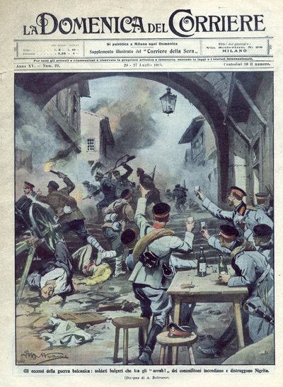 Anden Balkankrig (1913) mellem Bulgarien og Grækenland og Tyrkiet: Bulgarske soldater satte ild og ødelægger Nigrita i Grækenland. La Domenica del Corriere. 07/1913. Illustration af Beltrame. af Achille Beltrame
