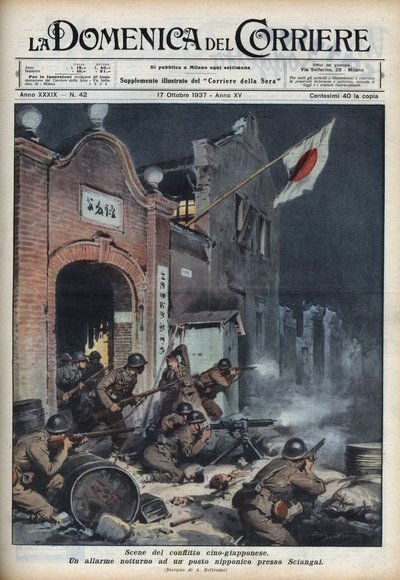 Anden kinesisk-japanske krig (1937-1945): sammenstød nær Shanghai. Illustration af Achille Beltrame fra "La domenica del corriere"" af 17/10/1937. af Achille Beltrame