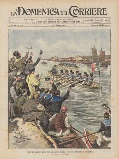 En udfordring mellem sømænd fra et italiensk og et amerikansk krigsskib i Shanghai. af Achille Beltrame