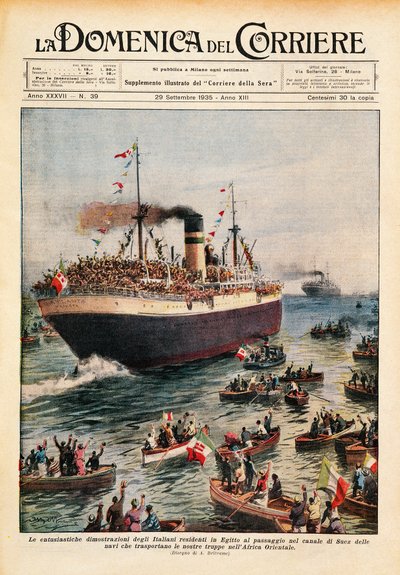 Skibe med italienske tropper til Østafrika krydser Suez-kanalen, illustration fra La Domenica del Corriere, 20. oktober af Achille Beltrame