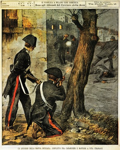 Siciliansk mafiabegivenhed, Kamp mellem carabinieri og mafiagangstere i Trapani, af Achille Beltrame, illustration, Illustrator Achille Beltrame (1871-1945), fra La Domenica del Corriere, 31. december 1899 af Achille Beltrame