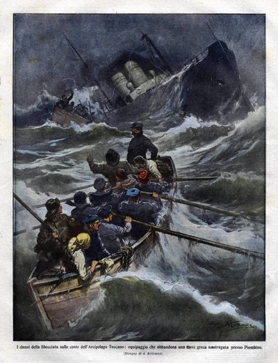Forlis af en italiensk båd ud for Toscana i 1910. illustration af Achilles Beltrame af Achille Beltrame