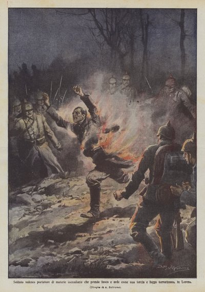 Tysk soldat, der bærer brændende materialer, der antændes og brænder som en fakkel og flygter? af Achille Beltrame