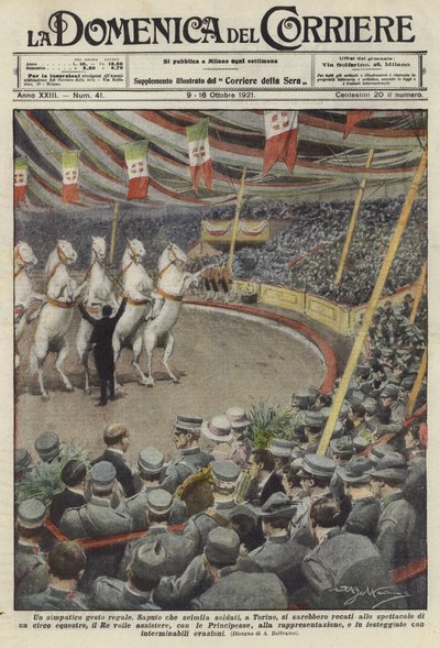 Soldater ser optrædende heste ved et cirkus i Torino af Achille Beltrame