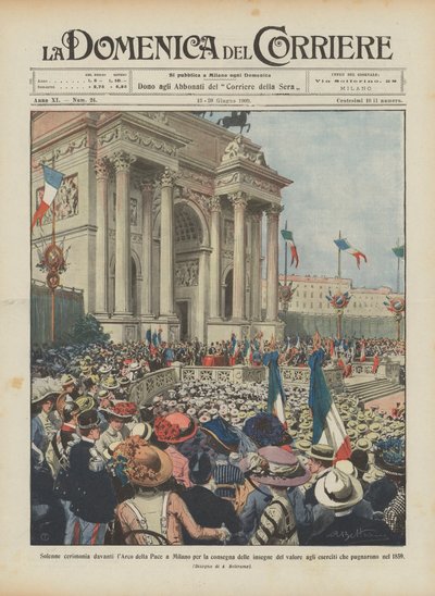 Højtidelig ceremoni foran fredsbuen i Milano i forbindelse med overrækkelsen af tapperhedsmærket til ? af Achille Beltrame