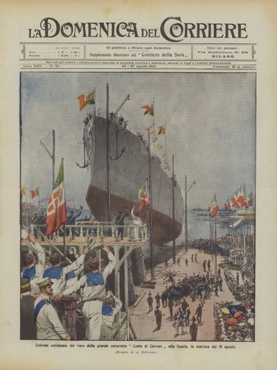 Højtidelig ceremoni i forbindelse med søsætningen af det store slagskib Conte di Cavour i La Spezia om morgenen den 10. august af Achille Beltrame
