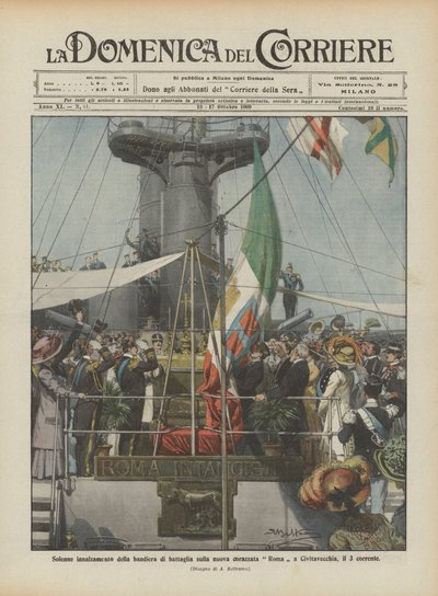 Højtidelig hejsning af slagflaget på det nye slagskib Roma i Civitavecchia den 3. oktober af Achille Beltrame