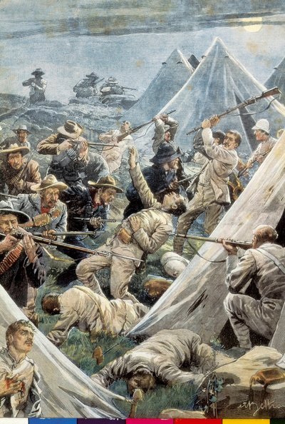 Sydafrika. Anden Boerkrig. Angreb på den engelske lejr Tweefontein (1902). Illustration af Achille Beltrame. Gravering. af Achille Beltrame