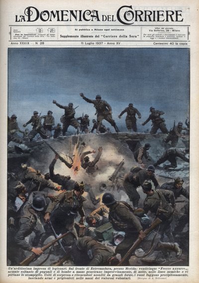 Spansk borgerkrig: En division af italienske frivillige flygter fra den spanske republikanske hær i Merida-regionen, Spanien. Illustration af Achille Beltrame i "La domenica del Corriere"" af 11/07/1937. af Achille Beltrame