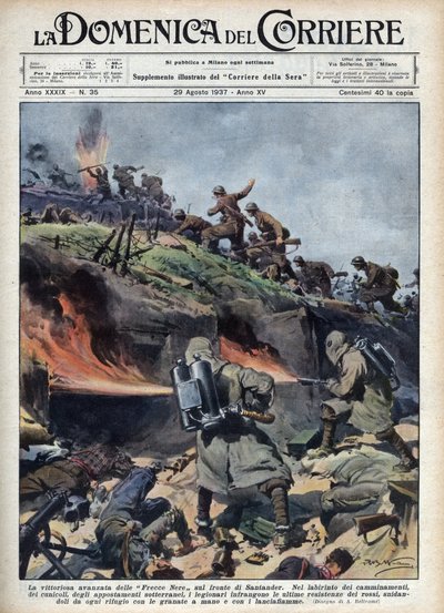 Spansk borgerkrig: Forsendelse af "Frecce nere"-brigaderne på Santander-fronten. Illustration af Achille Beltrame fra "La domenica del corriere"" af 29/08/1937. af Achille Beltrame