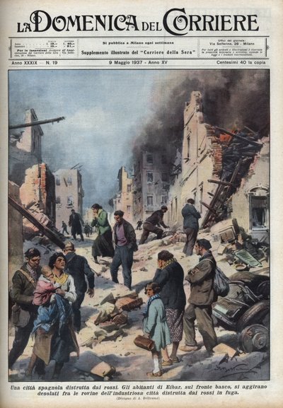 Spansk borgerkrig: udsigt over ruinerne af byen Eibar i Baskerlandet ødelagt af rødt. Illustration af Achille Beltrame i "La domenica del Corriere"" af 09/05/1937. af Achille Beltrame