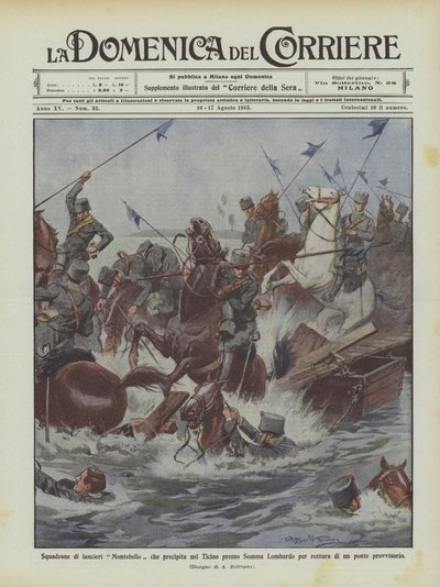 En eskadrille af Montebello-lanterskytter styrter ud i Ticino nær Somma Lombardo, fordi en midlertidig bro er brudt ned af Achille Beltrame