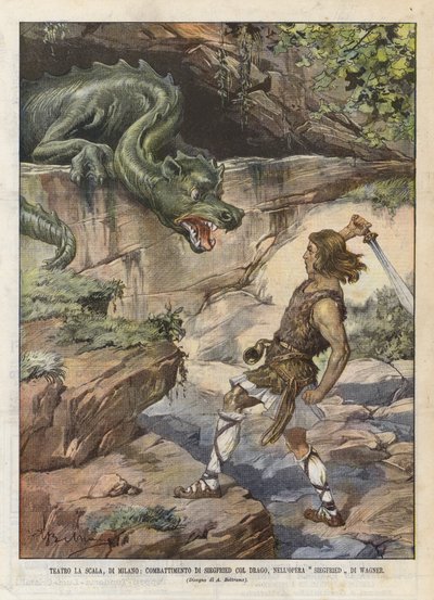 La Scala Theatre, Milano, Siegfrieds kamp med dragen, i Operaen Siegfried Di Wagner af Achille Beltrame