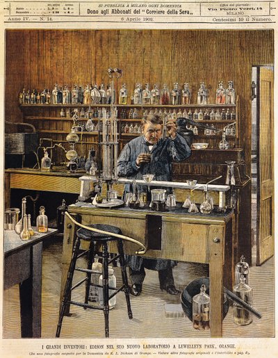 Den amerikanske opfinder Thomas Ava Edison (1847-1931) i sit nye laboratorium i Lewellein Park, Illustration af Achille Beltrame (1871-1945), La Domenica del Corriere af Achille Beltrame
