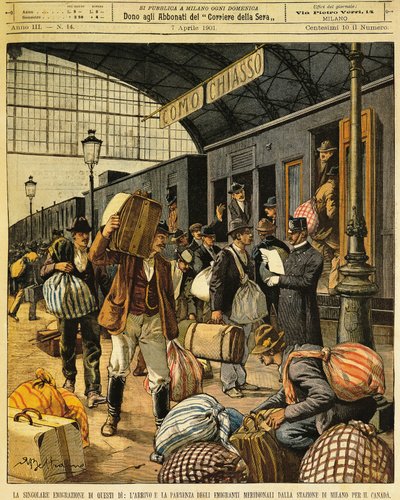 Den store emigration: ankomster og afgange af syditalienske emigranter til Canada, af Achille Beltrame (1871-1945), fra La Domenica del Corriere, 7. april 1901 af Achille Beltrame