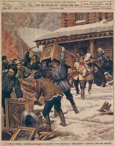 Den russiske revolution: Bønder plyndrer ejendomme i landlige rige, af Achille Beltrame (1871-1945), fra La Domenica del Corriere, december 1905 af Achille Beltrame