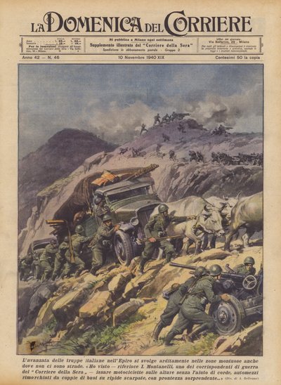 Fremrykningen af italienske tropper i Epirus finder dristigt sted i bjergrige områder, selv hvor der ikke er veje (farve litho) af Achille Beltrame