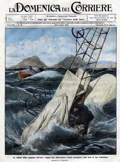 Luftens drama: den tragiske slutning af flyver Leblon styrtede ind i San Sebastian-bugten. Illustration af Beltrame. La Domenica del Corriere. 10-17/04/1910. af Achille Beltrame