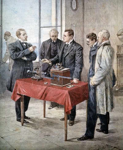 Oplevelserne af Guglielmo Marconi (1874 - 1937) i 1899: Trådløs telegrafi over kanalen. Illustration af Achille Beltrame i ""Domenica del Corriere"". af Achille Beltrame