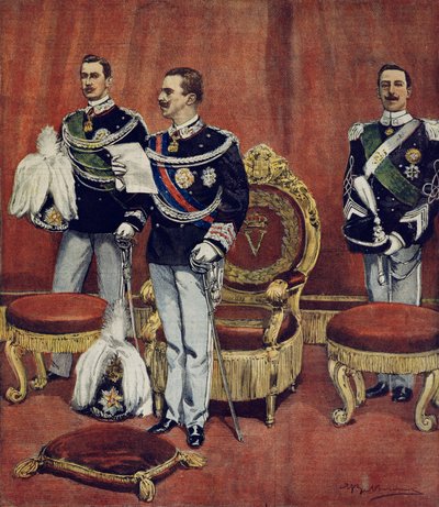 Indsættelsen af ​​kong Vittorio Emanuele III i Senatets kamre i Rom af Achille Beltrame (1871-1945), fra La Domenica del Corriere af Achille Beltrame