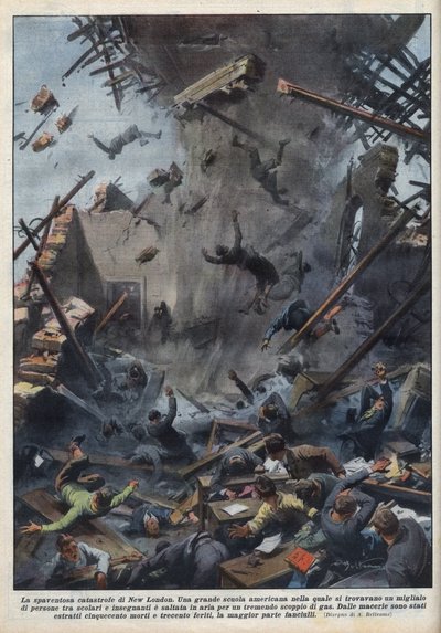 Tragedien ved en skoleeksplosion i New London, Texas, forårsaget af en gaslækage den 18. marts. Illustration af Achille Beltrame i "La domenica del Corriere"" af 04/04/1937. af Achille Beltrame