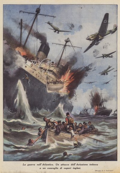 Krigen i Atlanterhavet (farve litho) af Achille Beltrame