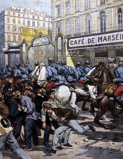 Arbejdernes strejker i Marseille: husarerne, der har ansvaret på Canebière. Illustration af Beltrame. La Domenica del corriere. 1901. af Achille Beltrame