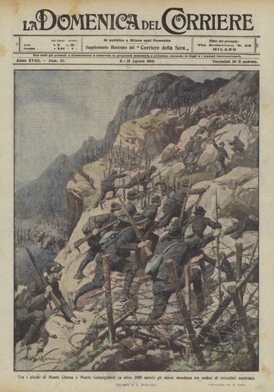 Mellem toppene af Monte Chiesa og Monte Campigoletti (på over 2000 meter) bryder alpine tropper igennem tre? af Achille Beltrame