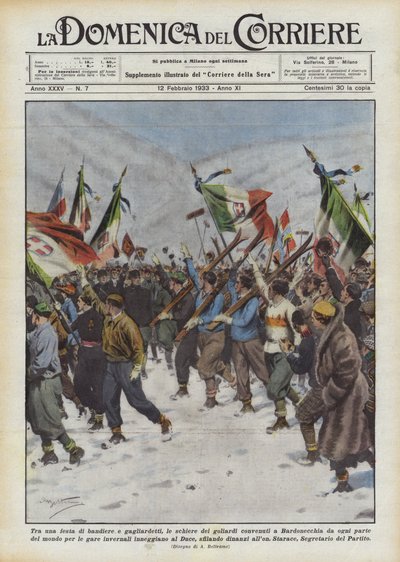 Mellem et parti af flag og vimpler samledes rækken af ​​goliarderne i Bardonecchia fra hele verden? af Achille Beltrame