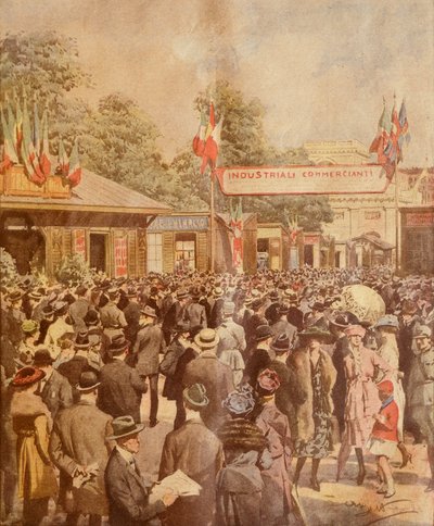 Messe i Milano, af Achille Beltrame, illustration, Illustrator Achille Beltrame (1871-1945), fra La Domenica del Corriere, 24. april 1921 af Achille Beltrame