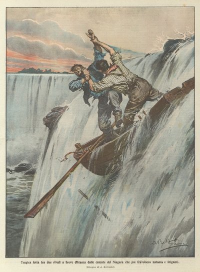 Tragisk slagsmål mellem to rivaler i kort afstand fra Niagara-vandfaldene, som derefter skyllede båden og de stridende parter væk af Achille Beltrame