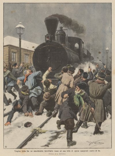 Tragisk kamp mellem en russisk lokofører og en skare af arbejdere irriterede ham af Achille Beltrame