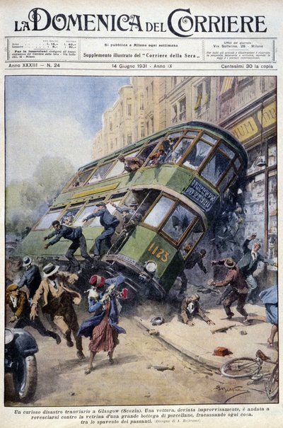 Sporvognsulykke i Glasgow, Skotland: en af bilerne væltede ud på en porcelænsmontre og på forbipasserende - tegning af A. Beltrame, i "La Domenica del Corriere"" af 1. februar 1931. af Achille Beltrame