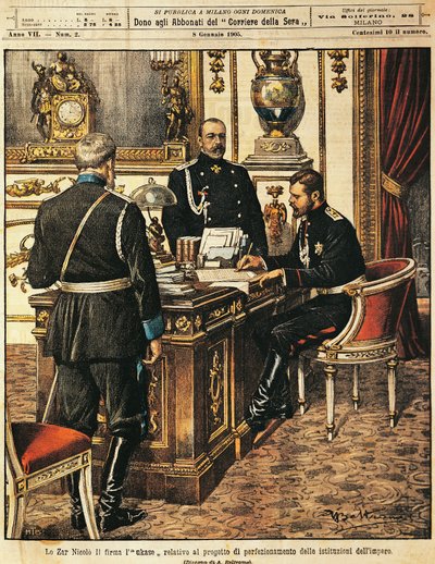 Zar Nicholas II underskriver projekt for institutionelle reformer, af Achille Beltrame (1871-1945), fra La Domenica del Corriere, 8. januar 1905 af Achille Beltrame