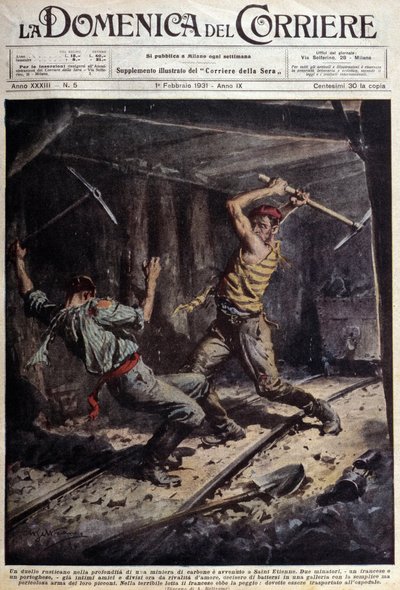 To franske og portugisiske minearbejdere kæmper med deres økser i et galleri på grund af en kærlighedshistorie - tegning af A. Beltrame, i "La Domenica del Corriere"" den 1. februar af Achille Beltrame