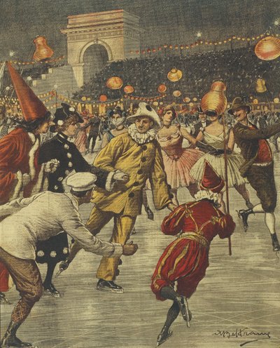 Typisk kostumefest på is ved Aren i Milano, af Achille Beltrame, illustration, Illustrator Achille Beltrame (1871-1945), fra La Domenica del Corriere af Achille Beltrame