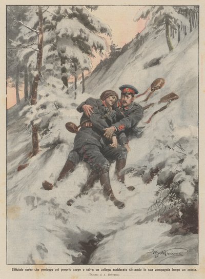 Serbisk officer, der beskytter med sin egen krop og redder en frossen kollega ved at glide ind i hans ? af Achille Beltrame