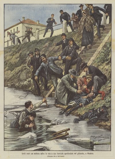 Ydmyge helte, en soldat redder livet på to piger, der er styrtet ned i isen, i Modena af Achille Beltrame